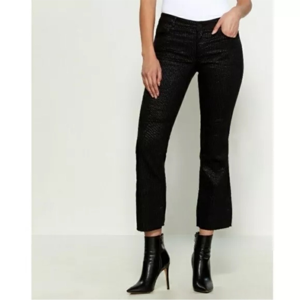 RtA Kiki Kick Flare Black Jeans Raw Hem Silver Stripe Pant Straight Leg Sz 30